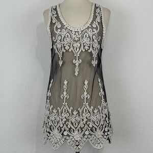 Womens Festival Fairy Grunge Romantic Goth Top Sz Large Mesh Embroidred Layering